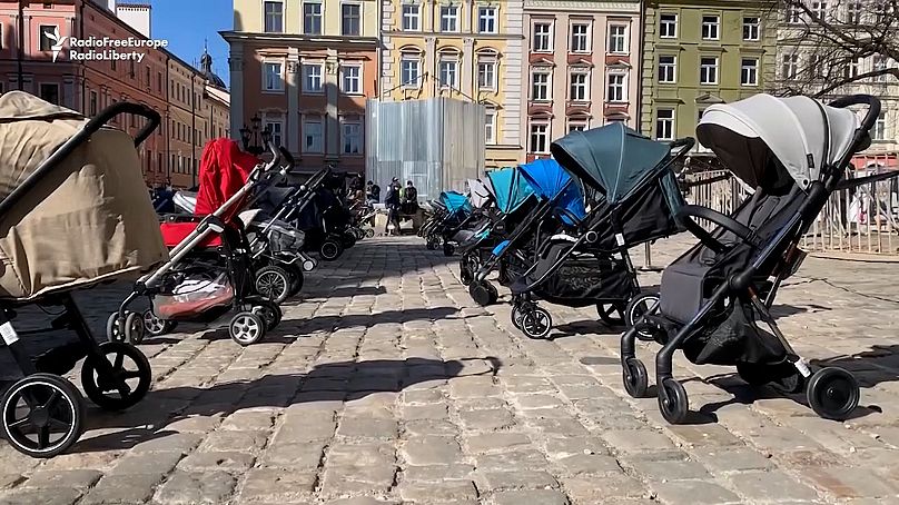 Lviv square displays 109 empty baby strollers to mark each child killed by Putin's forces - article with video