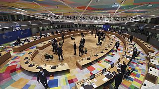 European Union leaders gather during a round table meeting at an extraordinary EU summit on Ukraine at the European Council building in Brussels, Thursday, Feb 24, 2022