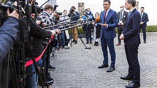 Belgium's Prime Minister Alexander De Croo, and Spain's Prime Minister Pedro Sanchez address the media 