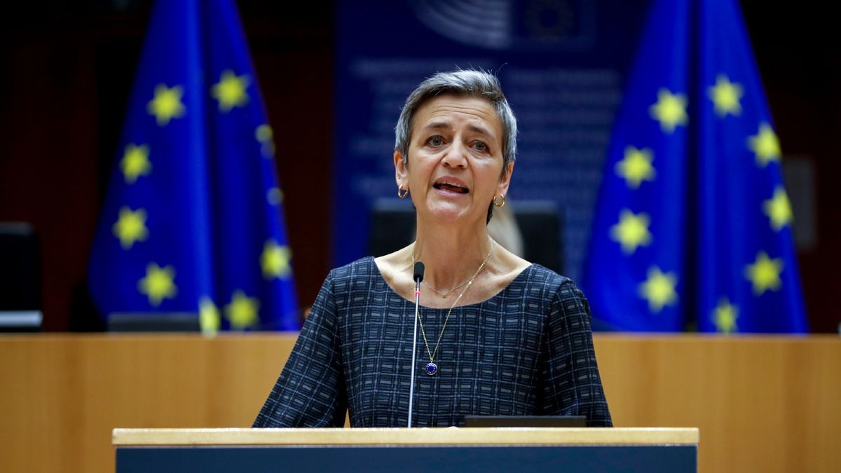European Commissioner Margrethe Vestager addresses European lawmakers at the European Parliament in Brussels, on May 18, 2021. 
