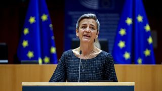 European Commissioner Margrethe Vestager addresses European lawmakers at the European Parliament in Brussels, on May 18, 2021.