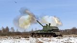 A self-propelled artillery mount fires at the Osipovichi training ground during the Union Courage-2022 Russia-Belarus military drills in Belarus in February 2022