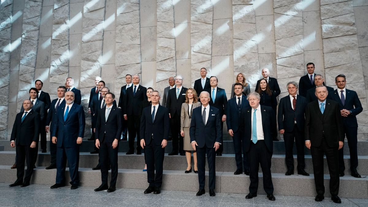 NATO heads of state during an extraordinary NATO summit at NATO headquarters in Brussels, March 24, 2022. 