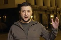Ukrainian President Volodymyr Zelenskyy speaks from Kyiv, Ukraine, early Thursday, March 24, 2022.