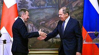 Peter Maurer, président du Comité international de la Croix-Rouge, et Sergueï Lavrov, ministre russe des Affaires étrangères à Moscou le 23 mars 2022