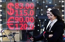 Currency exchange office screen displaying the exchange rates of U.S. Dollar and Euro to Russian Rubles in Moscow's downtown, on Feb. 28, 2022.
