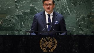 Dmitro Kuleba ukrán külügyminiszter felszólal az ENSZ ukrajnai helyzetről szóló tanácskozásán február 23-án