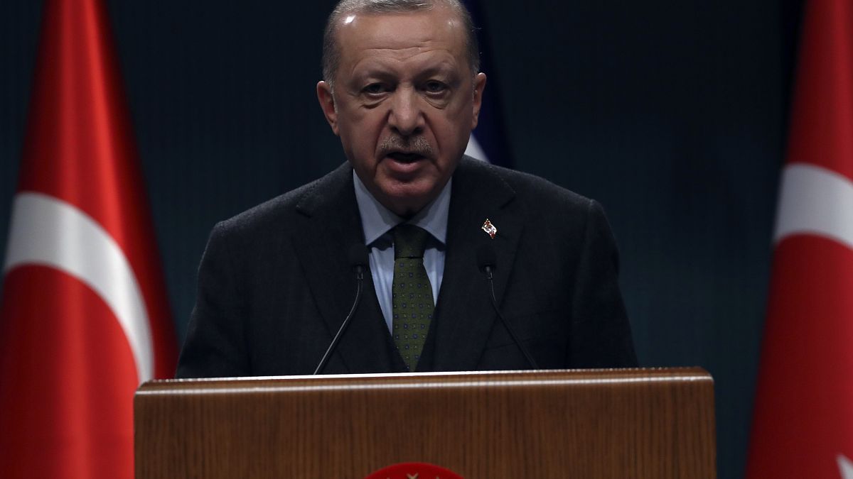 الرئيس التركي رجب طيب أردوغان خلال مؤتمر صحفي مشترك مع الرئيس الإسرائيلي إسحاق هرتسوغ في أنقرة، تركيا.