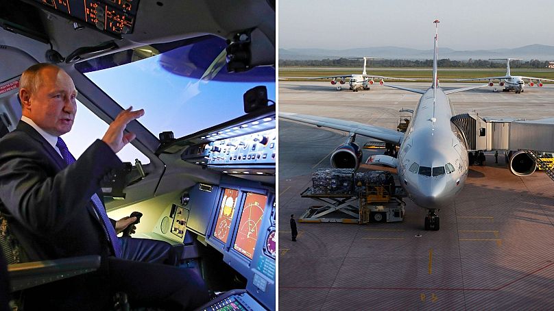 (1) Putyin elnök az Aeroflot szimulációs kabinjában (2) Airbus cargo gép a seremetyevói repülőtéren