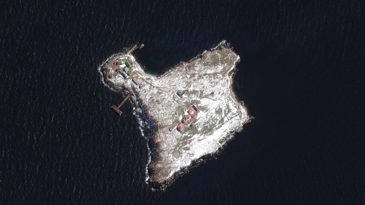 Satellite images show damage to some of the buildings on Snake Island on March 13.