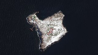 Satellite images show damage to some of the buildings on Snake Island on March 13.
