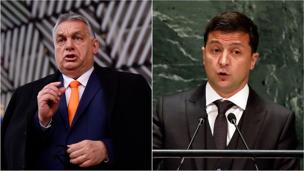 Hungary Prime Minister Viktor Orban, left, and Ukrainian President Volodymyr Zelenskyy, right.