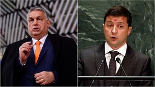 Hungary Prime Minister Viktor Orban, left, and Ukrainian President Volodymyr Zelenskyy, right.