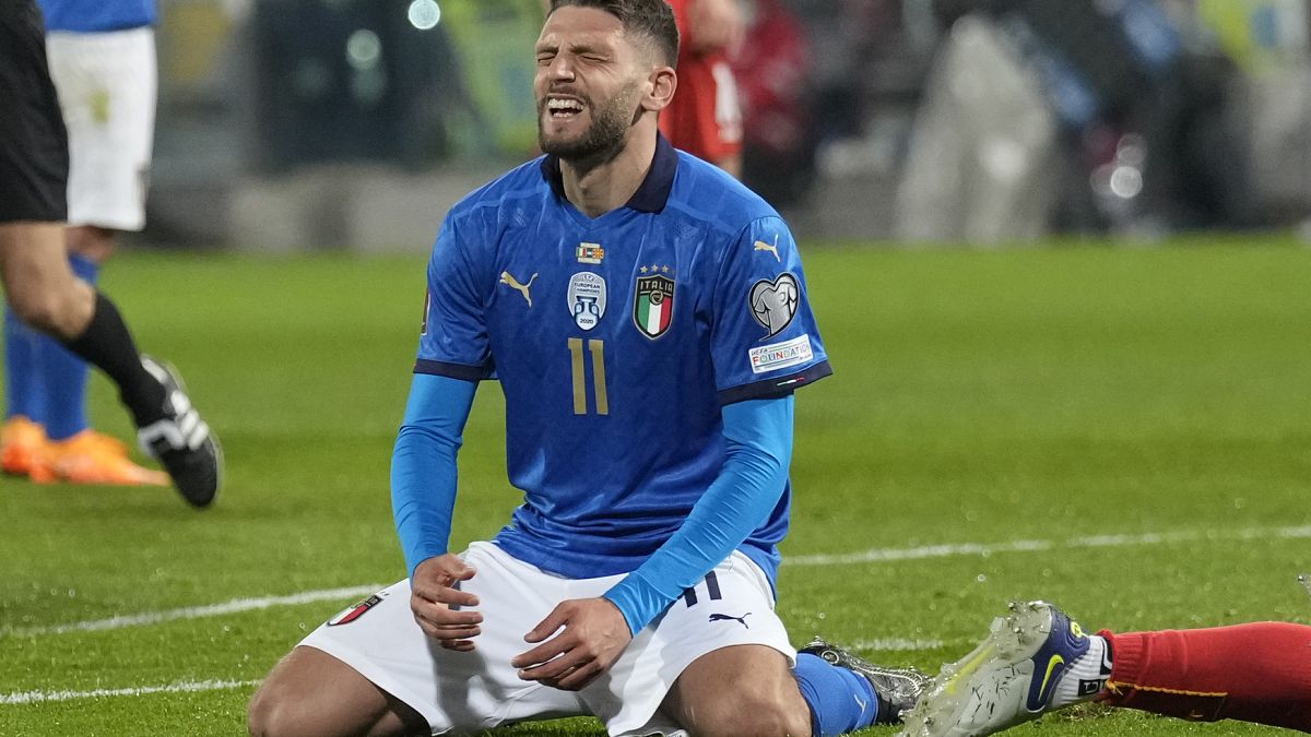 Italy's Joao Pedro reacts after missing a scoring chance in the World Cup qualifying play-off football match between Italy and North Macedonia
