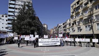 Kosovo Serbs with anti-government banners protest in Mitrovica.