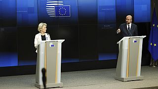 European Council President Charles Michel and European Commission President Ursula von der Leyen, after an EU summit in Brussels