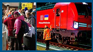A g. : réfugiés ukrainiens à la frontière polonaise (26/03/2022) - a dr. : départ d'un train rempli d'aide humanitaire pour l'Ukraine (Seddin, le 10/03/2022)