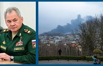 A g. : le ministre russe de la Défense Serguei Choïgou (le 27/02/2022) / A dr. : vue de Lviv (ouest de l'Ukraine) après des explosions, le 26/03/2022