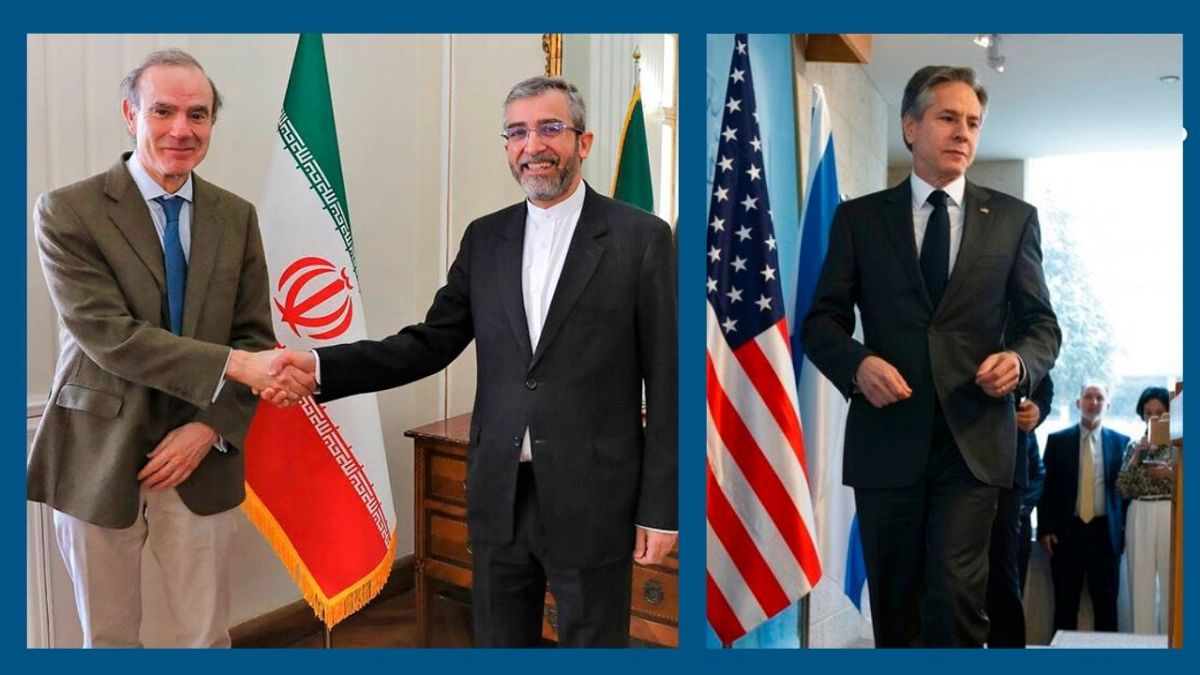 A g. : l'émissaire européen Enrique Mora et le négociateur iranien Ali Bagheri (Téhéran, le 27/03/2022) - A dr. : Le chef de la diplomatie US (Jérusalem, le 27/03/2022)