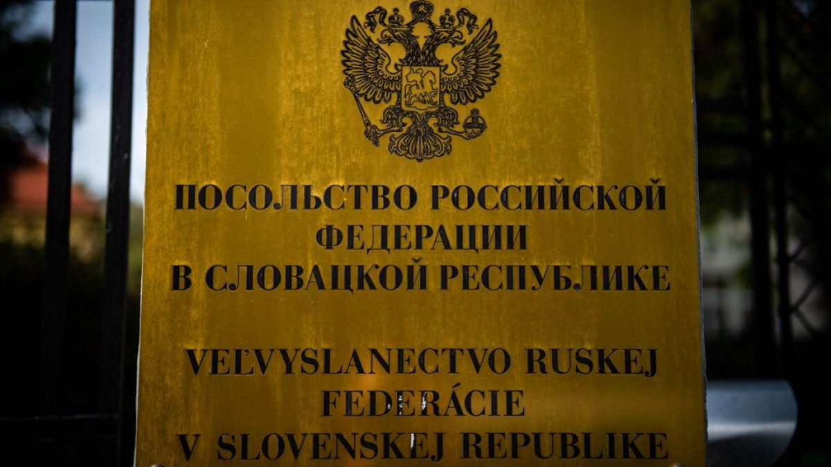 An information board on the building of the Russian embassy in Slovakia.