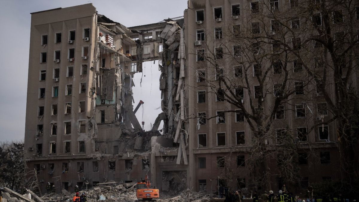 The regional government headquarters of Mykolaiv, Ukraine, following a Russian attack, on Tuesday, March 29, 2022. President Zelenskyy said seven people were killed.