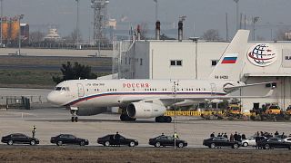 A Russian Government Special Flight Squadron carrying members of the Russian delegation lands at Ataturk Airport, ahead of the expected peace talks with Ukrainian officials