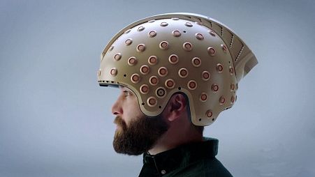 Image shows a EEG helmet that monitors brain activity that has been developed by an Israeli start-up and will be tested on a mission to space next week.