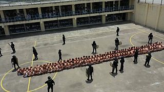 Images of prison raids in El Salvador in which officers drag half-naked inmates out of their cells, force them to run and search them in the courtyard.