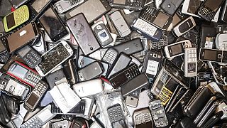 Discarded mobile phones fill a bin at the Out Of Use company warehouse in Belgium