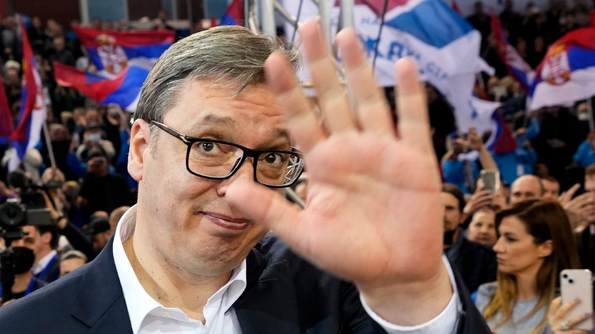 Current Serbian President Aleksandar Vucic waves to his supporters during a pre-election rally, in Belgrade, Serbia, Thursday, March 31, 2022