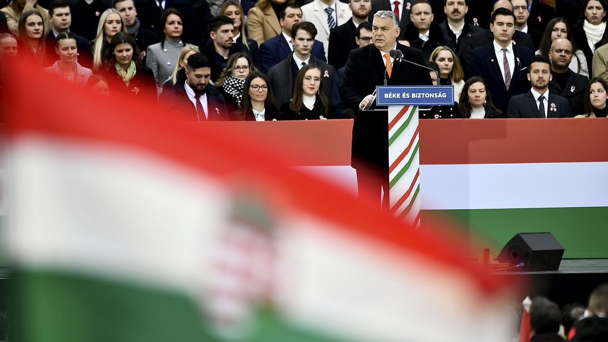 Hungary's right-wing populist prime minister, Viktor Orban addresses thousands of supporters as they gather in Budapest, Hungary, Tuesday, March 15, 2022