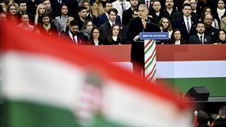 Hungary's right-wing populist prime minister, Viktor Orban addresses thousands of supporters as they gather in Budapest, Hungary, Tuesday, March 15, 2022