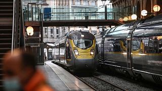 A Eurostar train arrives from London at the Gare du Nord train station in Paris