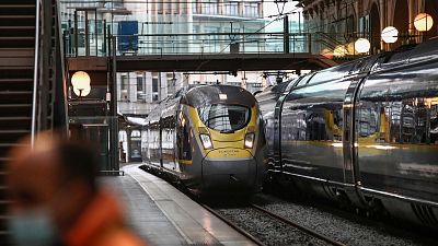 A Eurostar train arrives from London at the Gare du Nord train station in Paris