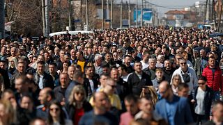 Kosovo Serbs take part in a protest in the town of Gracanica on March 25, 2022 against Kosovo's refusal to allow them to vote in neighbouring Serbia's upcoming elections.