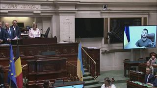 الرئيس الأوكراني فولوديمير زيلينسكي يوجه كلمة أمام البرلمان البلجيكي.