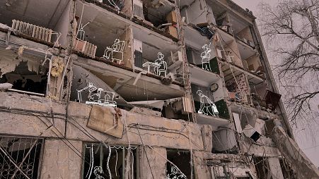 A bombed building in Kharkiv