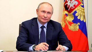 Russian President Vladimir Putin attends a meeting with young award-winning culture professionals via videoconference in Moscow, Russia, Friday, March 25, 2022.