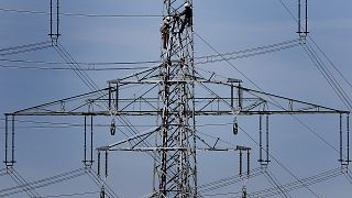 Workers prepare power supply on a high power pylon in Moers, Germany.