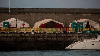 An empty makeshift migrant camp located at the Arguineguin port on Gran Canaria.