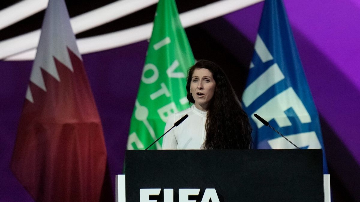 Norwegian soccer official Lise Klaveness speaks during the FIFA congress at the Doha Exhibition and Convention Center in Doha, Qatar, Thursday, March 31, 2022.