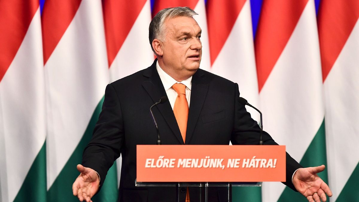Viktor Orban, Hungary's nationalist Prime Minister delivers his annual state of the nation speech at the Varkert Bazaar conference hall, in Budapest, Hungary, Feb 12, 2022. 