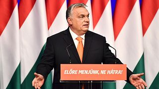 Viktor Orban, Hungary's nationalist Prime Minister delivers his annual state of the nation speech at the Varkert Bazaar conference hall, in Budapest, Hungary, Feb 12, 2022. 