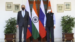 وزير الخارجية الروسي سيرغي لافروف خلال لقاء جمعه بنظيره الهندي سوبراهمانيام جايشانكار