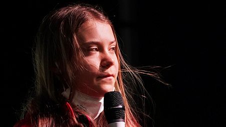 Swedish climate activist Greta Thunberg speaks on the stage of a demonstration in Glasgow, Scotland, Friday, Nov. 5, 2021