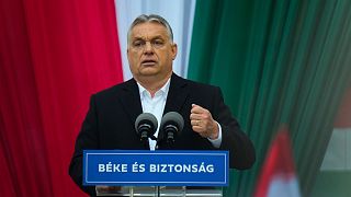 Prime Minister Viktor Orban delivers a speech during the final electoral rally of his Fidesz party ahead of Sunday's election