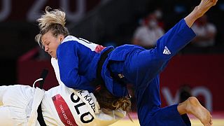 Canada's Jessica Klimkait compete in the judo women's -57kg bronze medal during the Tokyo 2020 Olympic Games 