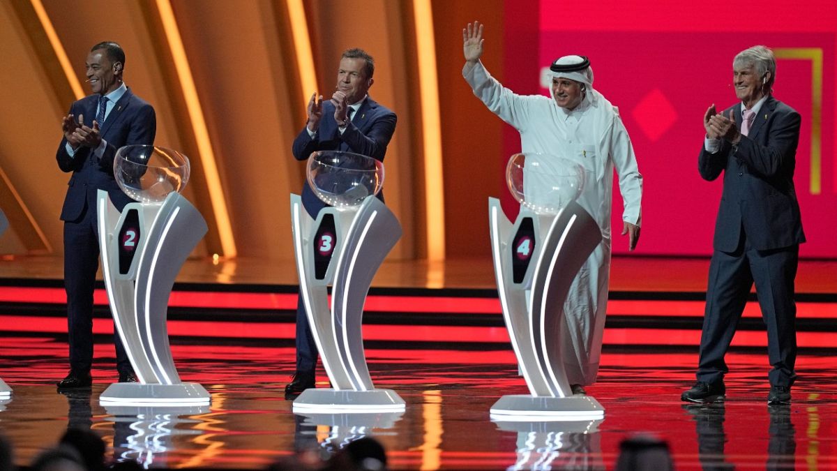 (From L), Former internationals Cafu (Brazil), Lothar Matthaus (Germany), Adel Ahmed MalAllah (Qatar), and Serbian-Mexican retired manager Bora Milutinovic at the draw, 1/4/22