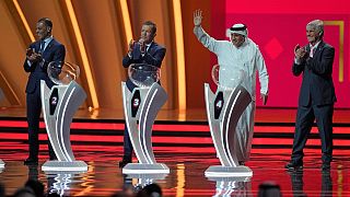 (From L), Former internationals Cafu (Brazil), Lothar Matthaus (Germany), Adel Ahmed MalAllah (Qatar), and Serbian-Mexican retired manager Bora Milutinovic at the draw, 1/4/22