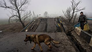 Sasha, 50, waits for his dog Druzhok before crossing a bridge destroyed by the Russian army when it retreated from villages in the outskirts of Kyiv, Ukraine.